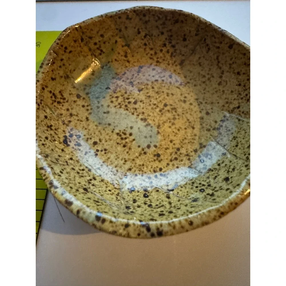 Handmade Studio Pottery Speckled Tan Small Bowl Artisan Ceramic Blue Drip 3